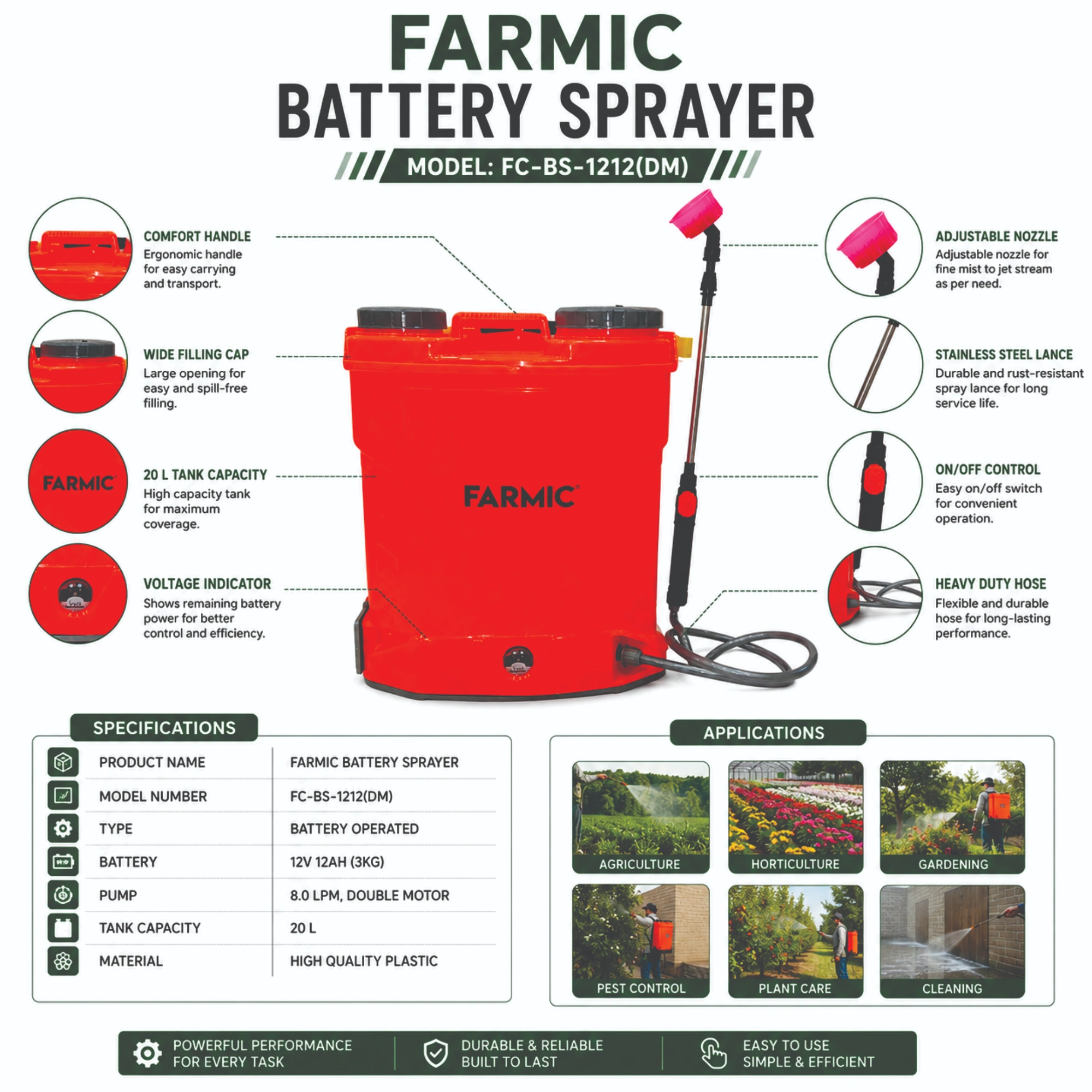 FARMIC 12V 12AH(3KG) Double Motor Battery Operated Sprayer FC-BS-1212(DM)