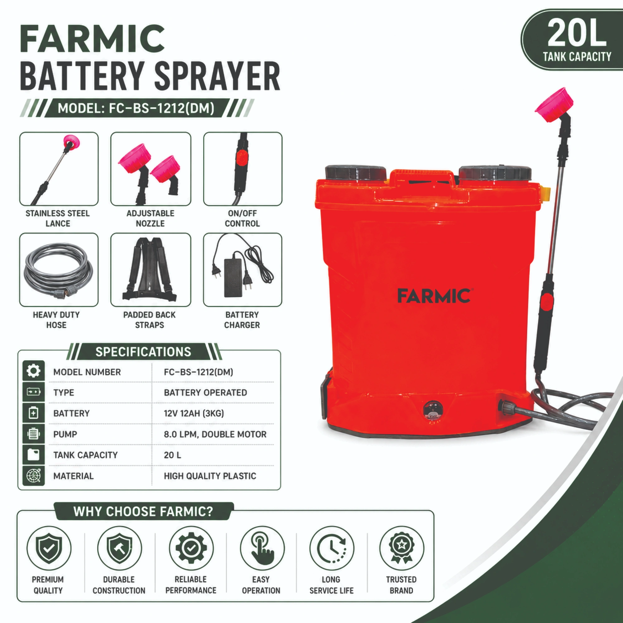 FARMIC 12V 12AH(3KG) Double Motor Battery Operated Sprayer FC-BS-1212(DM)