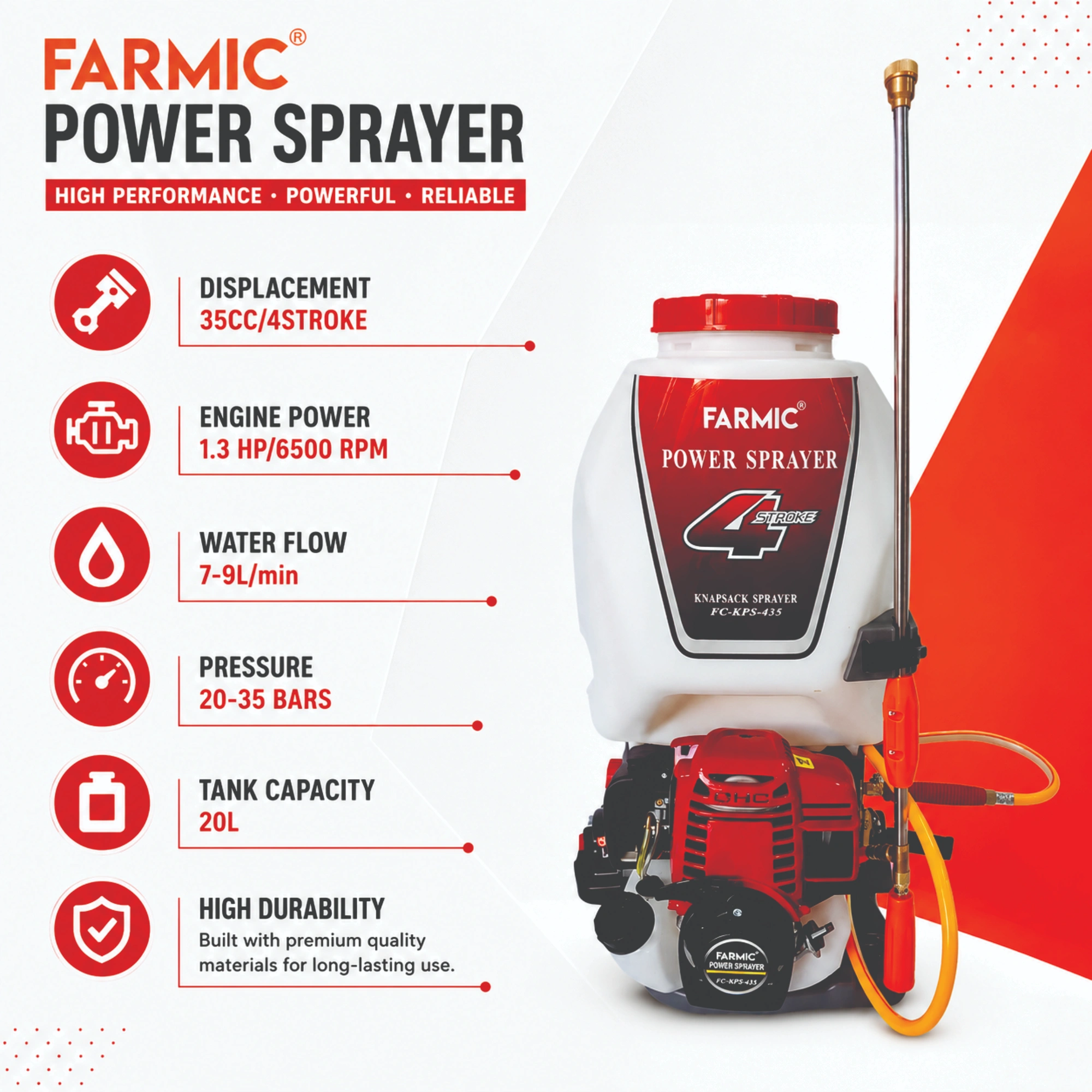 FARMIC Knapsack Agricultural Power Sprayer FC-KPS-435 | 35CC 4 Stroke Engine