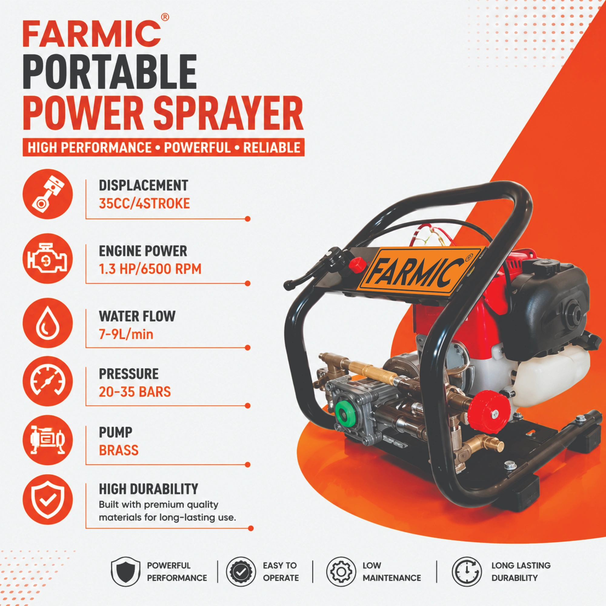 FARMIC Portable Power Sprayer FC-PPS4-35 | 35 cc 4 Stroke Engine, Pressure Pump for Gardening, Cleaning