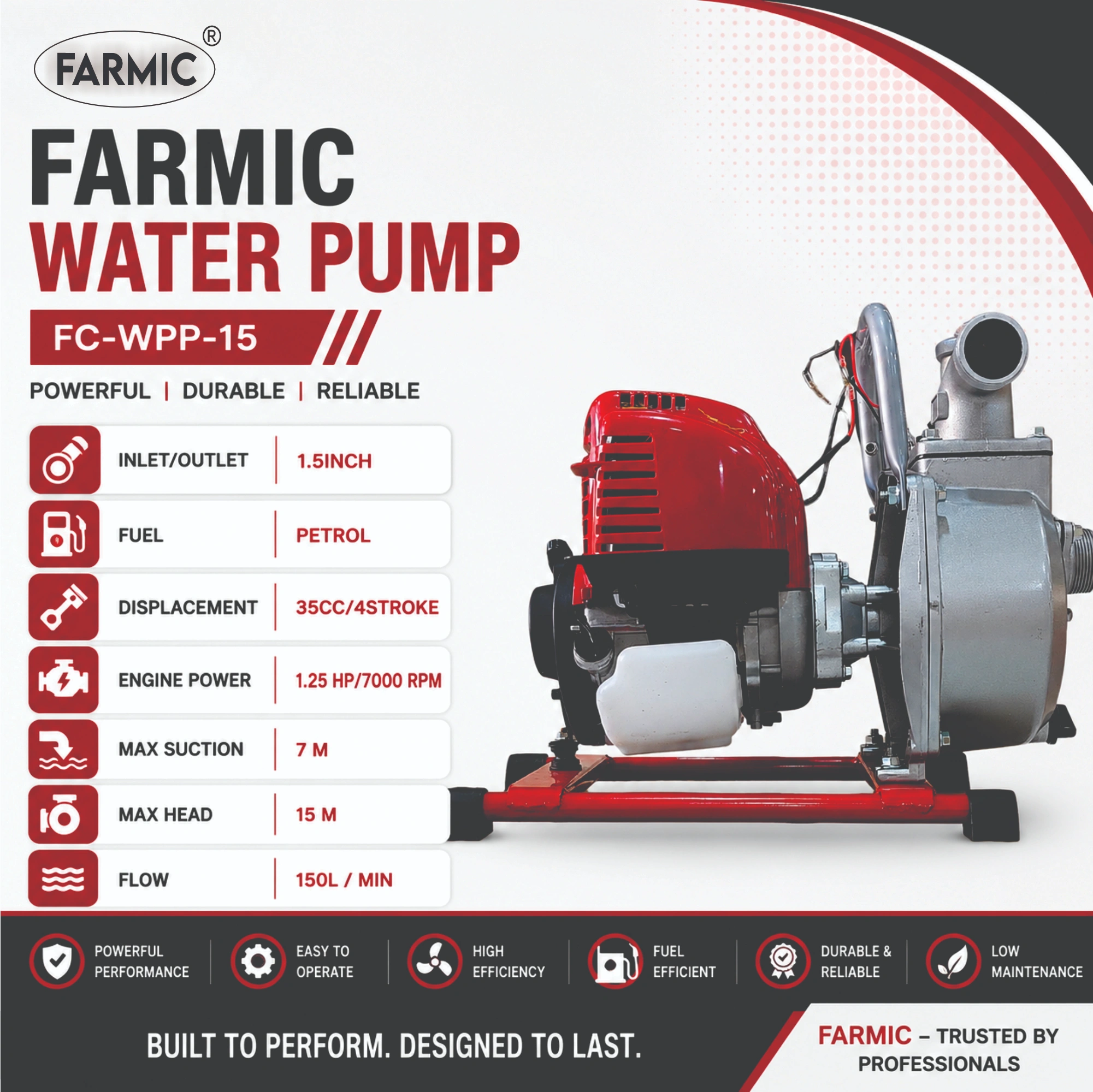 FARMIC FC-WPP-15 1.25 HP Petrol Water Pump | 4-Stroke Engine