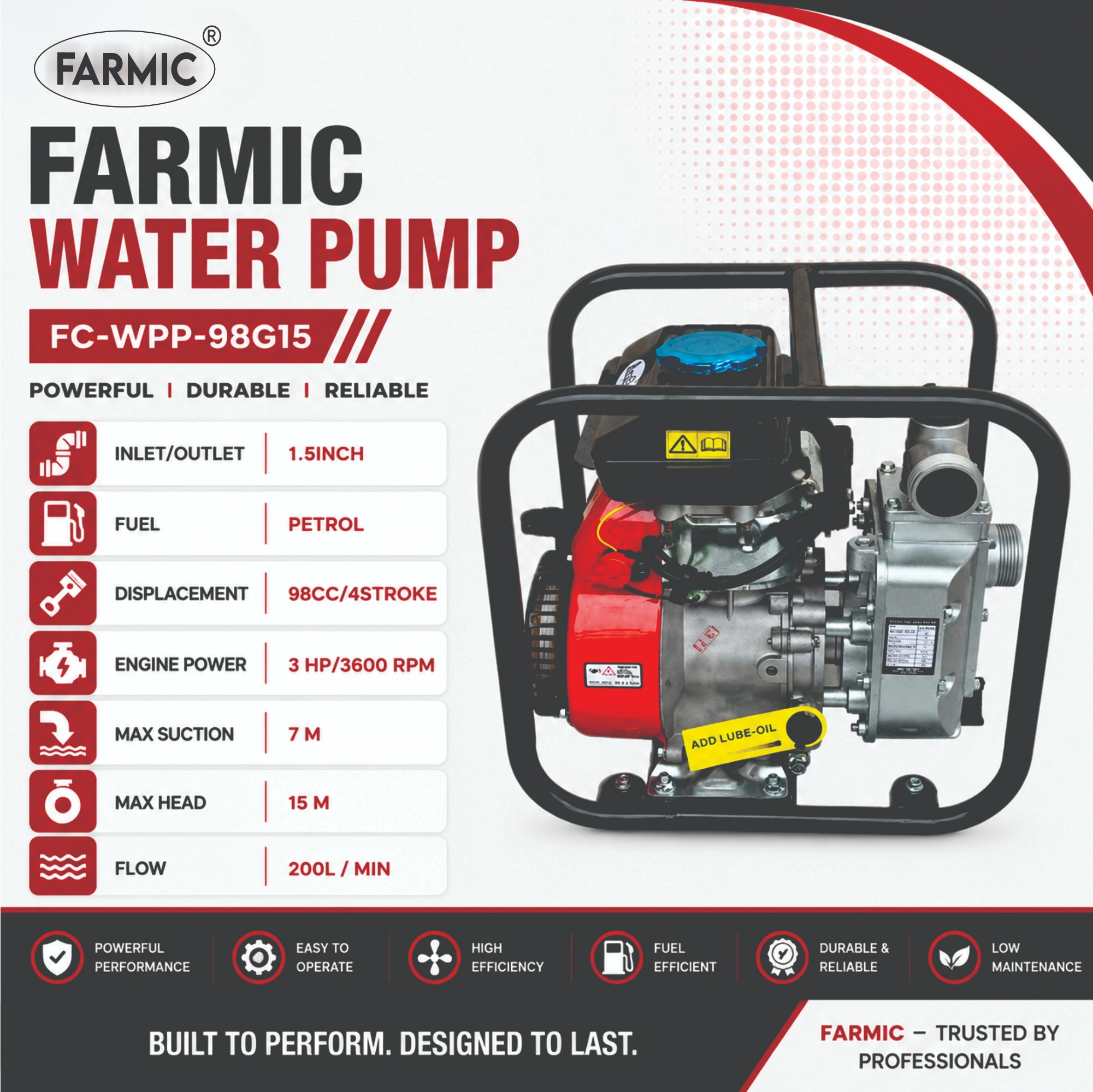 FARMIC FC-WPP-98G15: 3 HP Petrol Water Pump | 4-Stroke Engine