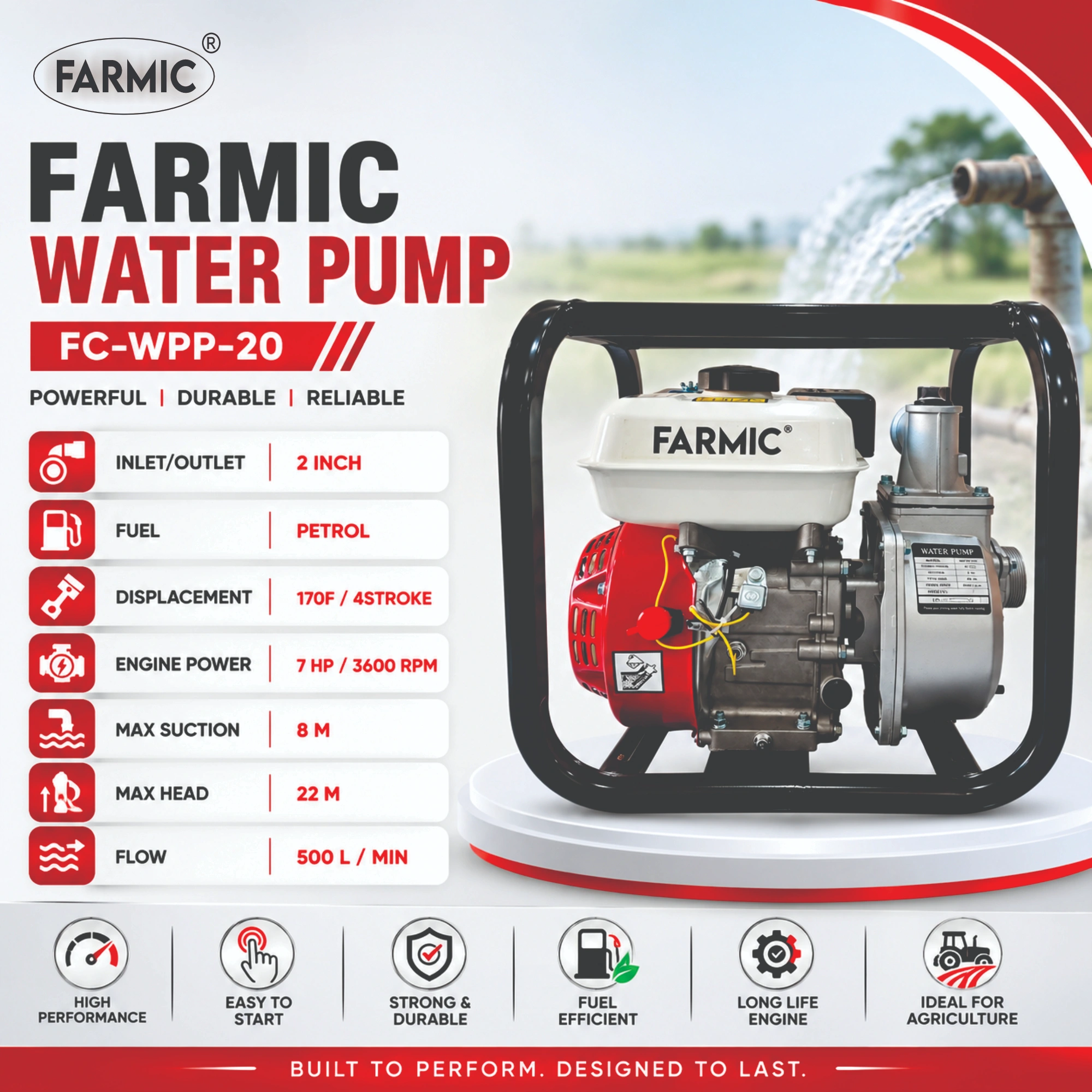 FARMIC FC-WPP-20: 7 HP Petrol Water Pump | 4-Stroke Engine