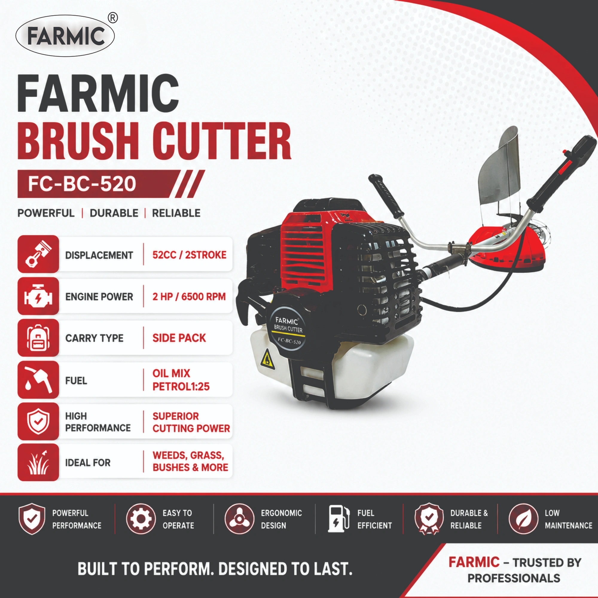 FARMIC FC-BC-520 Side Pack Brush Cutter | 52cc Petrol Engine