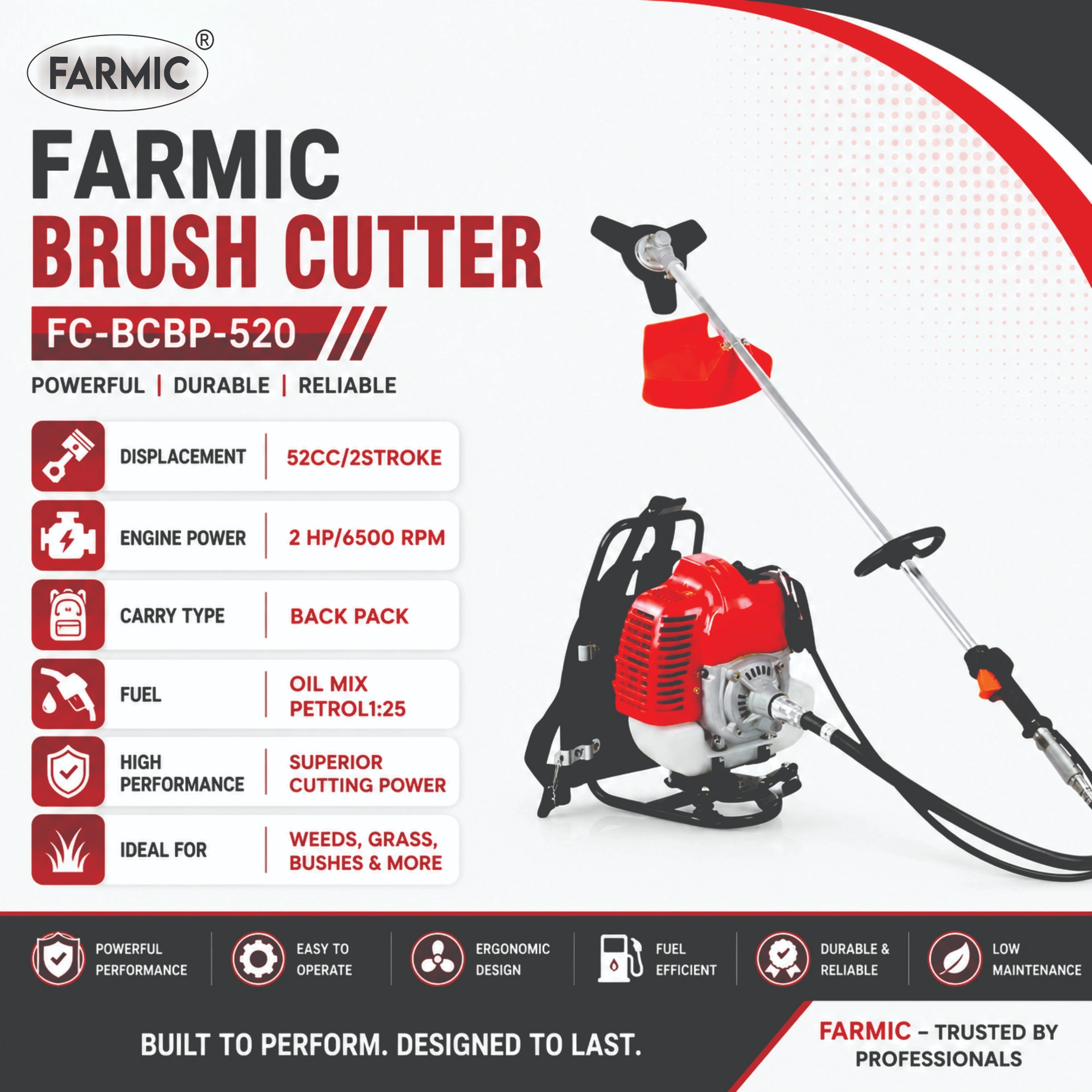 FARMIC FC-BCBP-520 Back-pack crop cum grass cutter | 52cc 2-Stroke Engine
