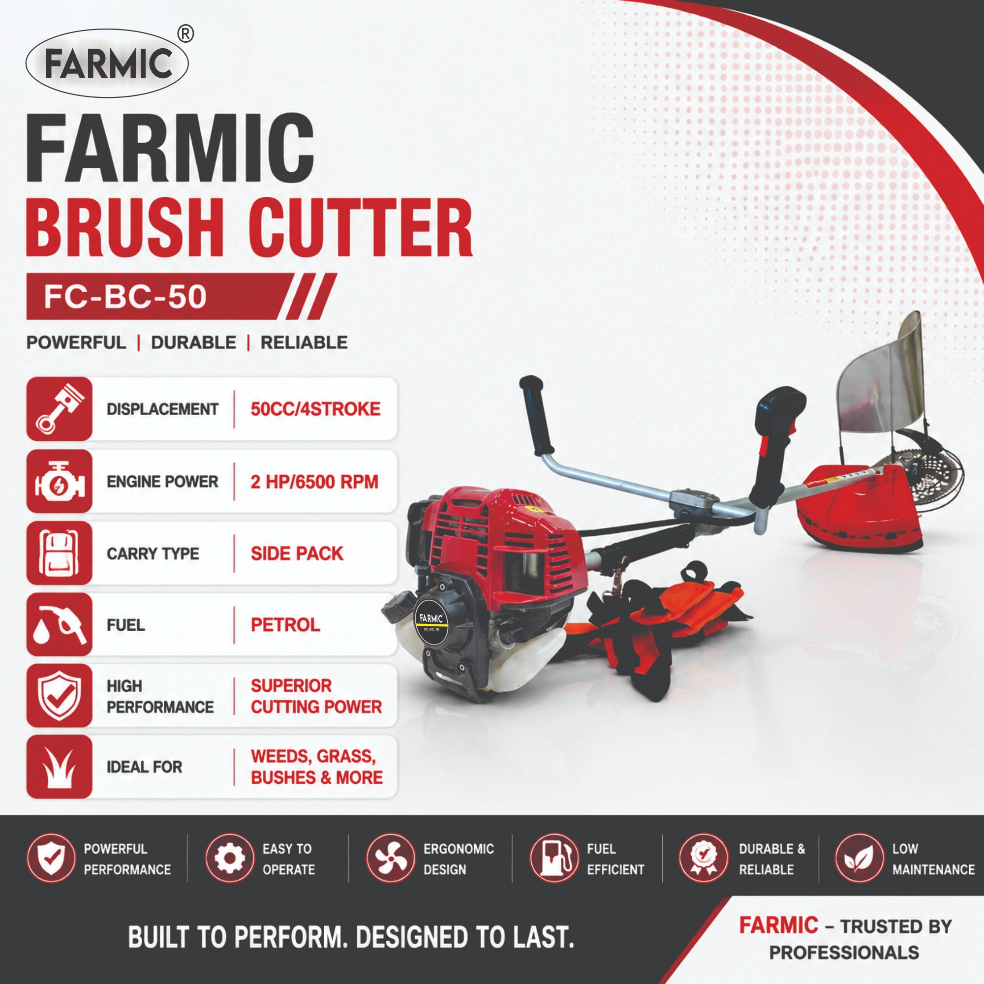FARMIC FC-BC-50 Side Pack Brush Cutter | 50cc Petrol Engine