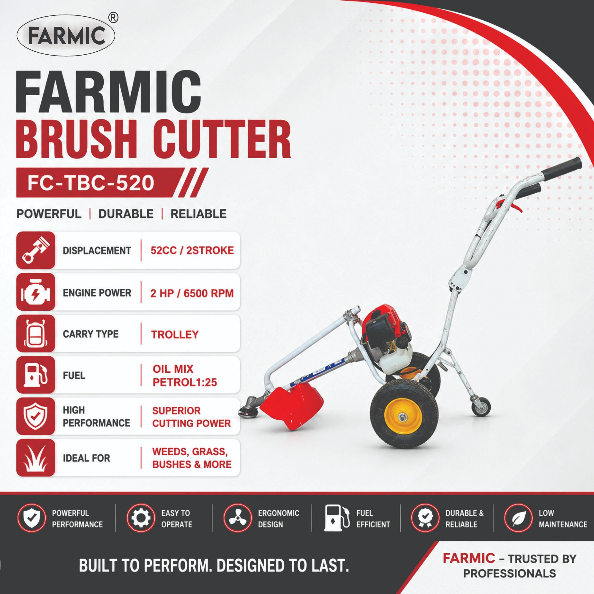 FARMIC FC-TBC-520 Trolley type Brush Cutter | 52cc Petrol Engine