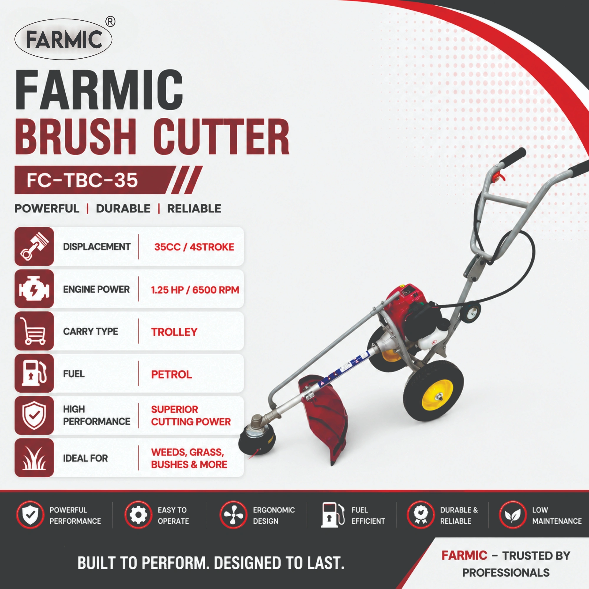 FARMIC FC-TBC-35 Trolley type Brush Cutter | 35cc Petrol Engine