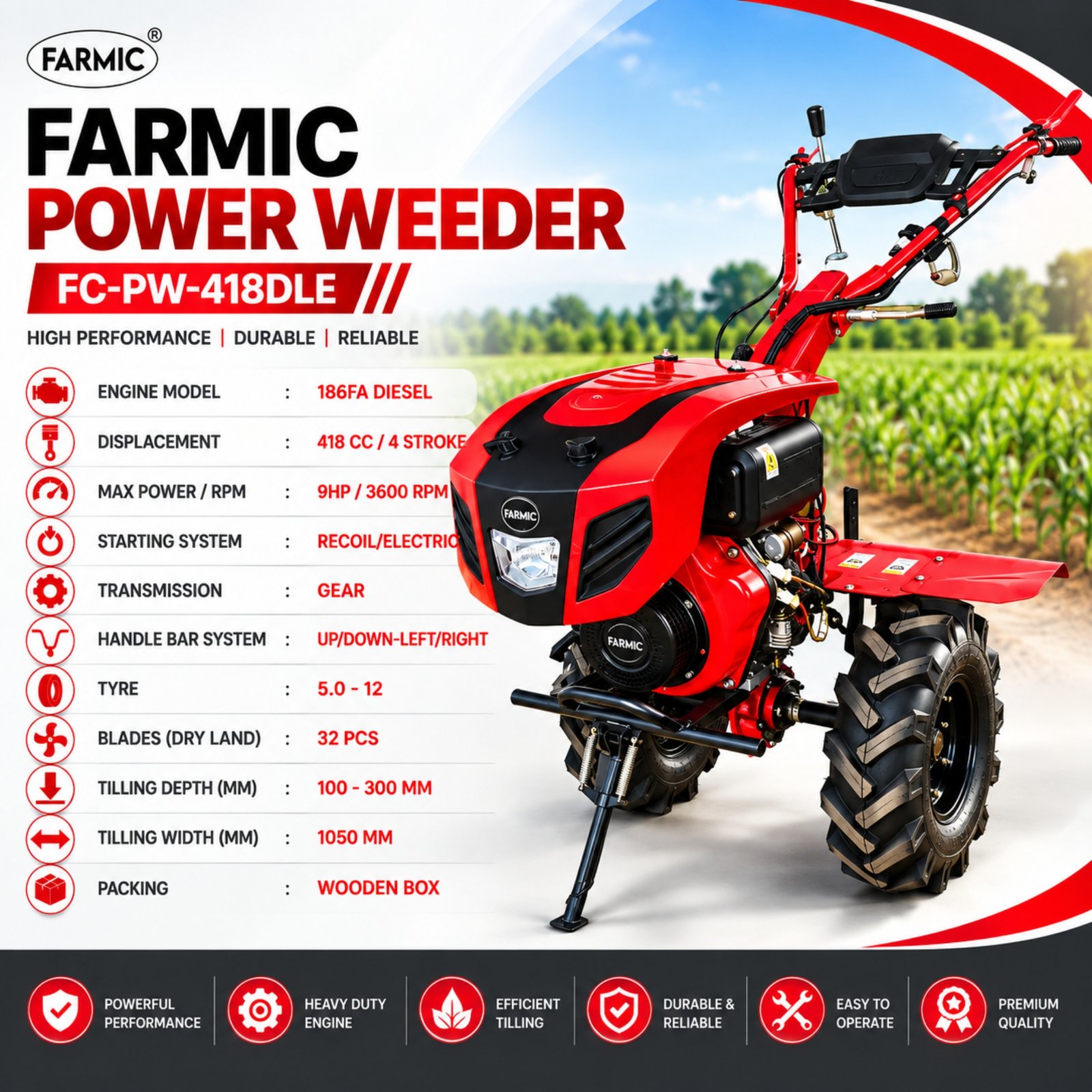 FARMIC - 9 HP Power Weeder for Weeding and Tilling FC-PW-418DLE