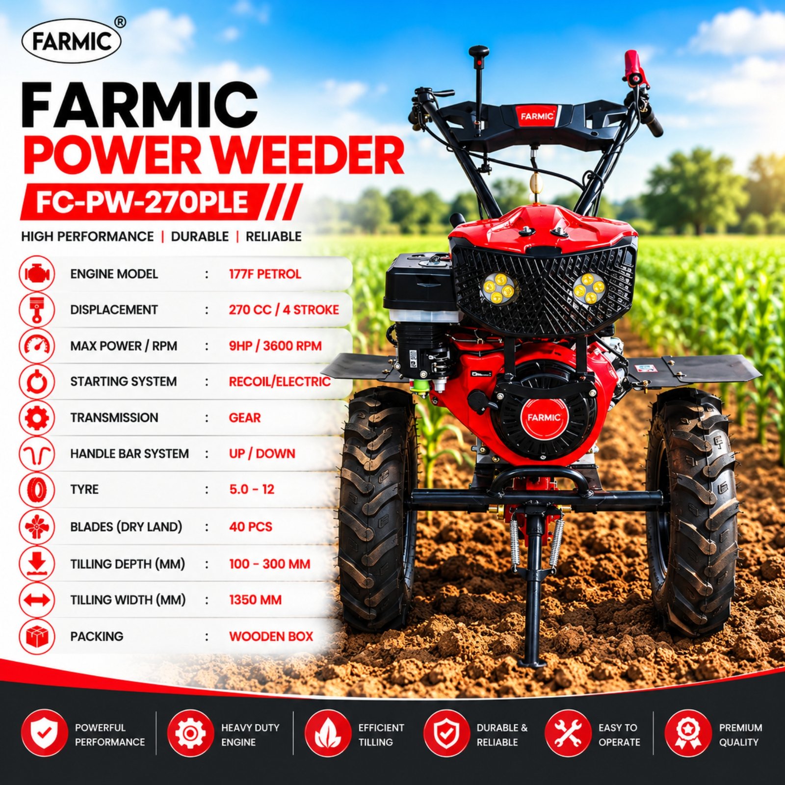 FARMIC - 9 HP Power Weeder for Weeding and Tilling FC-PW-270PLE