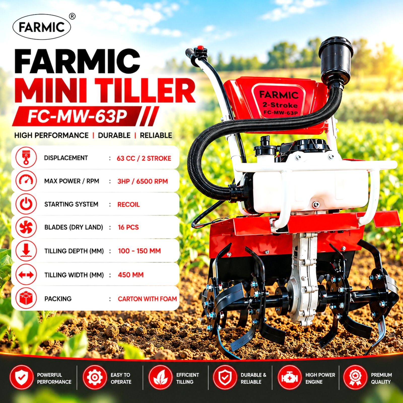 FARMIC Mini Power Tiller Machine - 63cc Petrol Engine for Easy Tilling FC-MW-63P
