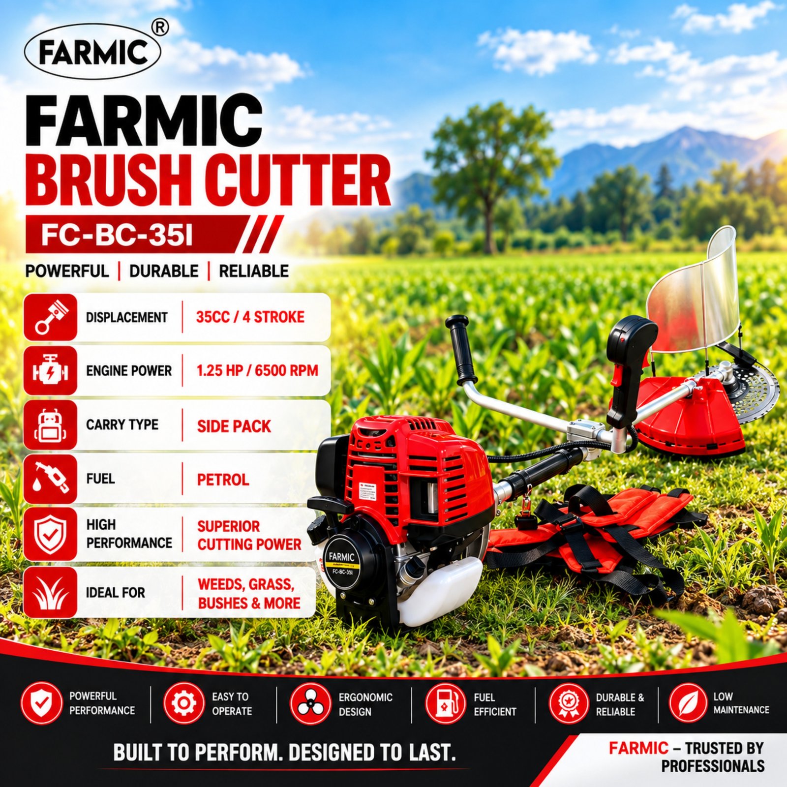 FARMIC FC-BC-35I Side Pack Brush Cutter | 35cc Petrol Engine