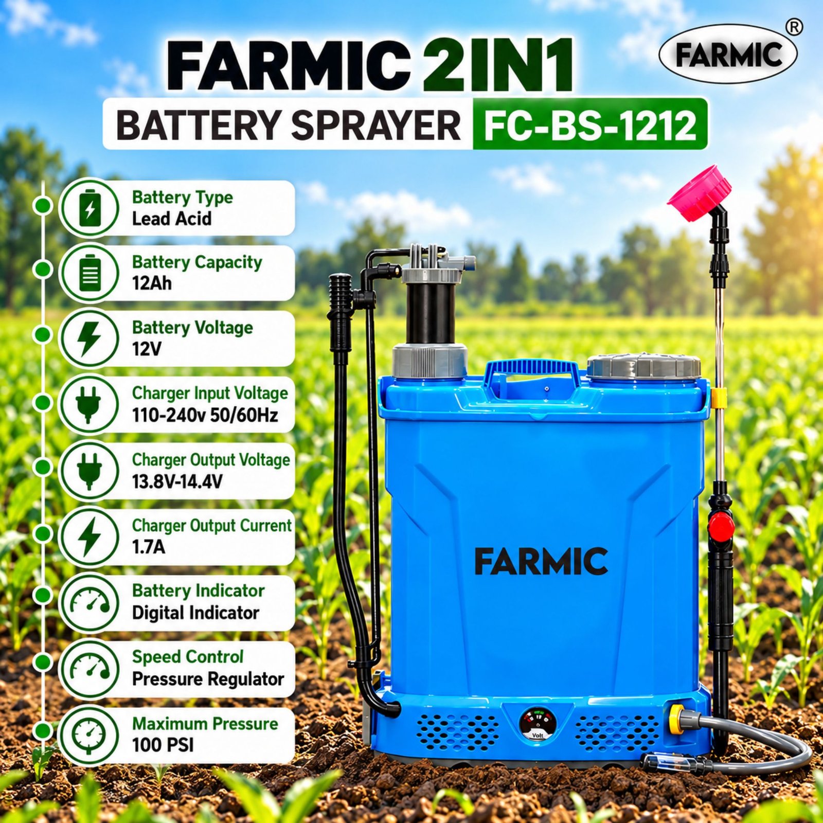 FARMIC 12V 12AH(3KG) Battery Cum Hand Operated Sprayer FC-BS-1212(2 IN 1)
