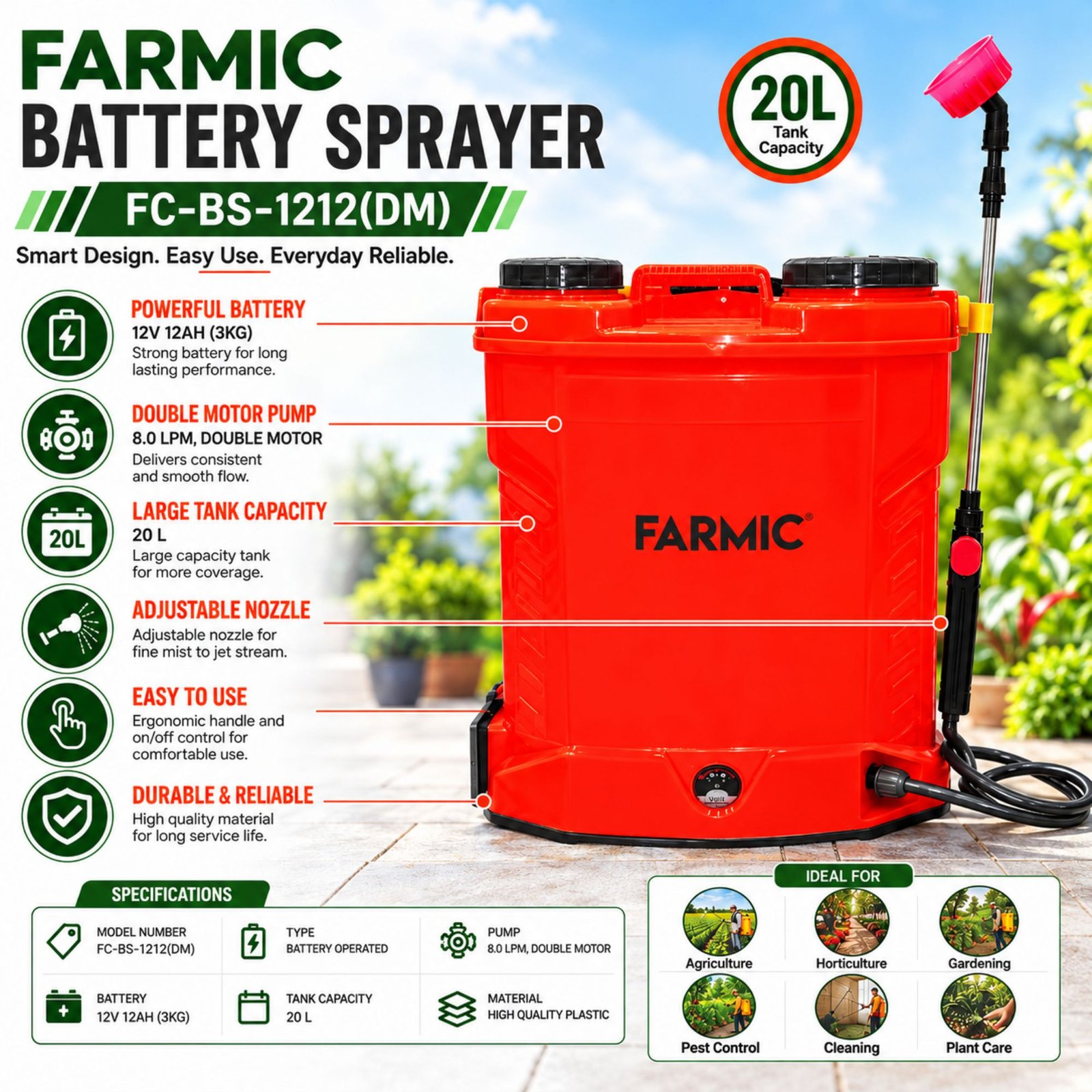 FARMIC 12V 12AH(3KG) Double Motor Battery Operated Sprayer FC-BS-1212(DM)