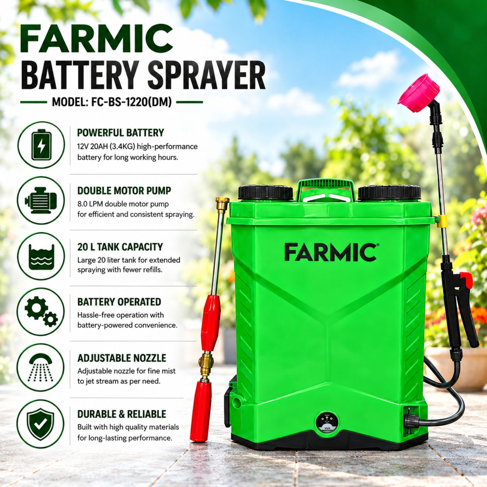 FARMIC 12V 20AH(3.4KG) Double Motor Battery Operated Sprayer FC-BS-1220(DM)